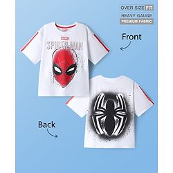 Pine Kids Marvel Light Weight Terry Knit Half Sleeves Oversize Drop Shoulder T-Shirt With Front And Back Spider Man Graphics - White