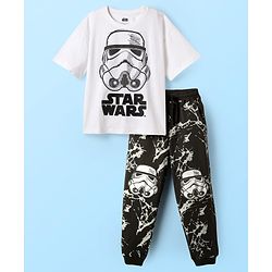 Pine Kids Lucas Single Jersey Knit Half Drop Shoulder Sleeves Oversized T-Shirt & Lounge Pant Set With Star Wars Graphics - White & Black