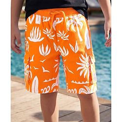 Pine Kids Looper Knit Knee Length Shorts with Beach Theme Print - Orange