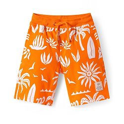 Pine Kids Looper Knit Knee Length Shorts with Beach Theme Print - Orange