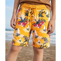 Pine Kids Looper Knit Above Knee Length Shorts with Beach Theme Print - Yellow