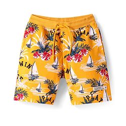 Pine Kids Looper Knit Above Knee Length Shorts with Beach Theme Print - Yellow