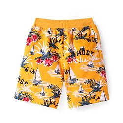 Pine Kids Looper Knit Above Knee Length Shorts with Beach Theme Print - Yellow