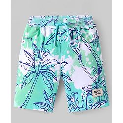 Pine Kids Looper Knit Above Knee Length Shorts With Tree Print - Turquoise & White