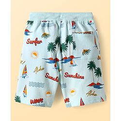 Pine Kids Looper Knit Above Knee Length Shorts with Beach Theme Print - Aqua Blue