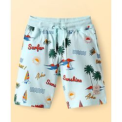 Pine Kids Looper Knit Above Knee Length Shorts with Beach Theme Print - Aqua Blue