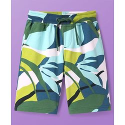 Pine Kids Looper Knit Above Knee Length Shorts with Tropical Theme Print - Limegreen
