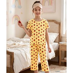 Pine Kids Cotton Half Sleeves Capri Nightsuit with Strawberry Print - Yellow