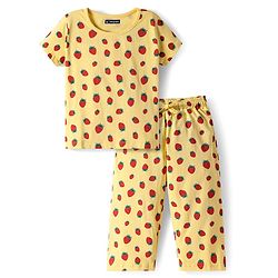 Pine Kids Cotton Half Sleeves Capri Nightsuit with Strawberry Print - Yellow