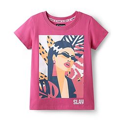 Pine Kids Cotton Knit Half Sleeves T-Shirt with Girl Print - Fuchsia