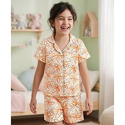 Pine Kids Single Jersey Knit Half Sleeves Co-ords Shorts Night Suit with Floral Print - Cream