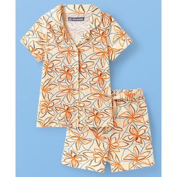 Pine Kids Single Jersey Knit Half Sleeves Co-ords Shorts Night Suit with Floral Print - Cream