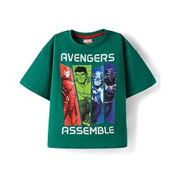Pine Kids Marvel Single Jersey Knit Half Drop Shoulder Sleeves Oversized T-Shirt with Avengers Graphics - Green