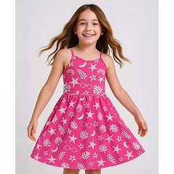 Pine Kids Cotton Knit Sleeveless Frock with Tropical Theme Print - Dark Pink