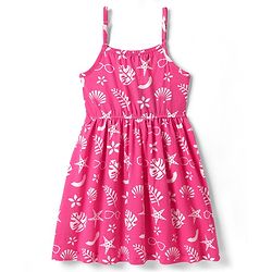 Pine Kids Cotton Knit Sleeveless Frock with Tropical Theme Print - Dark Pink