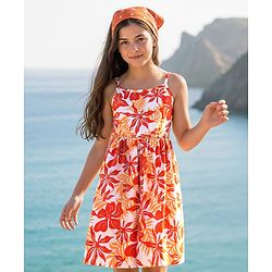 Pine Kids Cotton Knit Sleeveless Frock with Floral Print - Orange