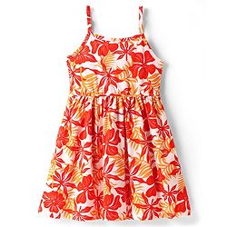 Pine Kids Cotton Knit Sleeveless Frock with Floral Print - Orange
