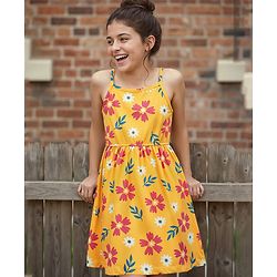 Pine Kids Cotton Knit Sleeveless Frock with Floral Print - Yellow