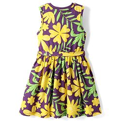 Pine Kids Cotton Knit Sleeveless Frock With Floral Print & Belt - Violet