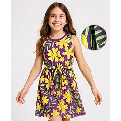 Pine Kids Cotton Knit Sleeveless Frock With Floral Print & Belt - Violet