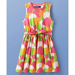 Pine Kids Cotton Knit Sleeveless Printed Frock With Belt - Multicolor
