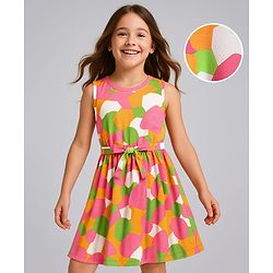 Pine Kids Cotton Knit Sleeveless Printed Frock With Belt - Multicolor