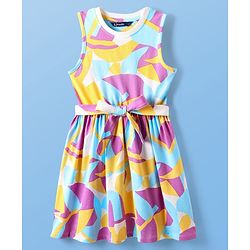 Pine Kids Cotton Knit Sleeveless Printed Frock With Belt - Multicolor