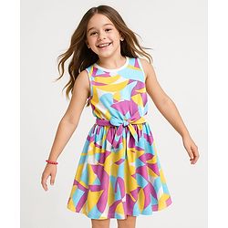 Pine Kids Cotton Knit Sleeveless Printed Frock With Belt - Multicolor