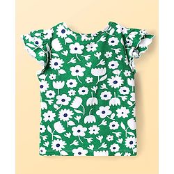Pine Kids Cotton Knit Frill Sleeves Top With Floral Print - Green