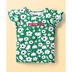 Pine Kids Cotton Knit Frill Sleeves Top With Floral Print - Green