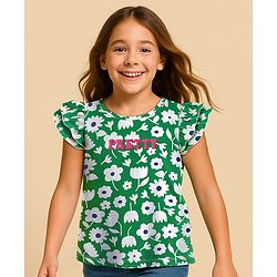 Pine Kids Cotton Knit Frill Sleeves Top With Floral Print - Green