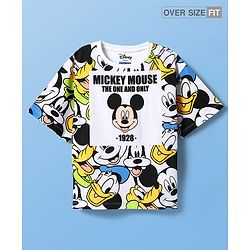 Pinekids Disney Single Jersey Knit Half Sleeves Oversize Drop Shoulder T-Shirt With Mickey Mouse Family Print - White