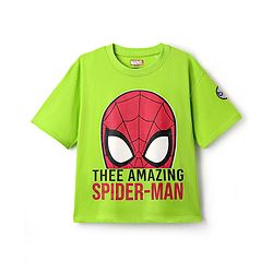 Pine Kids Marvel Single Jersey Knit  Oversized Drop Shoulder Half Sleeve T-Shirt With Badge Detaling And Spider-Man Graphics - Neon Green