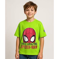 Pine Kids Marvel Single Jersey Knit  Oversized Drop Shoulder Half Sleeve T-Shirt With Badge Detaling And Spider-Man Graphics - Neon Green