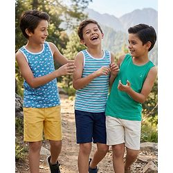 Pine Kids Cotton Lycra Knit Sleeveless Vests With Stripes & Tree Print Pack Of 3 (Colour May Vary)