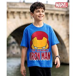Pine Kids Marvel Single Jersey Knit Half Drop Shoulder Sleeves Oversized T-Shirt with Iron Man Graphics - Blue