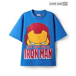 Pine Kids Marvel Single Jersey Knit Half Drop Shoulder Sleeves Oversized T-Shirt with Iron Man Graphics - Blue