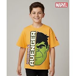 Pine Kids Marvel Single Jersey Knit Half Drop Shoulder Sleeves Oversized T-Shirt with Avengers Graphics & Badge Detailing - Yellow