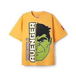 Pine Kids Marvel Single Jersey Knit Half Drop Shoulder Sleeves Oversized T-Shirt with Avengers Graphics & Badge Detailing - Yellow