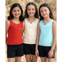 Pine Kids Cotton Lycra Knit Sleeveless Heart Printed & Solid Coloured Vests Pack Of 3 - Light Blue Red & White