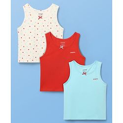 Pine Kids Cotton Lycra Knit Sleeveless Heart Printed & Solid Coloured Vests Pack Of 3 - Light Blue Red & White