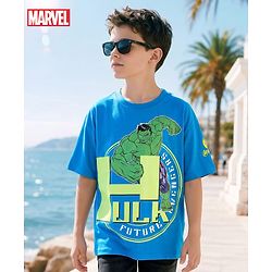 Pine Kids Marvel Single Jersey Knit Half Drop Shoulder Sleeves Oversized T-Shirt with Avengers Graphics & Badge Detailing - Blue