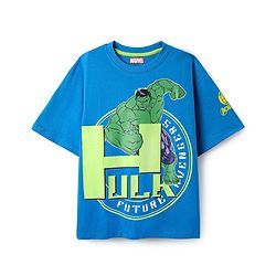Pine Kids Marvel Single Jersey Knit Half Drop Shoulder Sleeves Oversized T-Shirt with Avengers Graphics & Badge Detailing - Blue