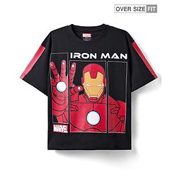 Pine Kids Marvel Single Jersey Knit Half Drop Shoulder Sleeves Oversized T-Shirt with Iron Man Graphics - Black