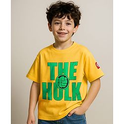 Pine Kids Marvel Single Jersey Knit Oversize Drop Shoulder Half Sleeve T-Shirt With Badge Detaling And Avengers Graphics - Yellow