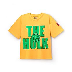 Pine Kids Marvel Single Jersey Knit Oversize Drop Shoulder Half Sleeve T-Shirt With Badge Detaling And Avengers Graphics - Yellow