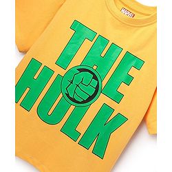 Pine Kids Marvel Single Jersey Knit Oversize Drop Shoulder Half Sleeve T-Shirt With Badge Detaling And Avengers Graphics - Yellow