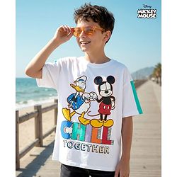 Pine Kids Disney Single Jersey Knit Half Drop Shoulder Sleeves Oversized T-Shirt with Mickey & Friends Graphics - White
