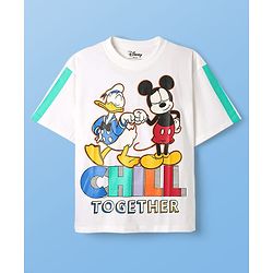 Pine Kids Disney Single Jersey Knit Half Drop Shoulder Sleeves Oversized T-Shirt with Mickey & Friends Graphics - White