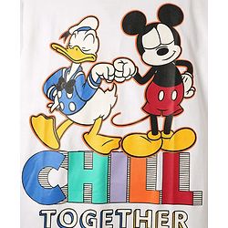 Pine Kids Disney Single Jersey Knit Half Drop Shoulder Sleeves Oversized T-Shirt with Mickey & Friends Graphics - White